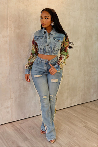 SHAY Denim Tapestry Cropped Jacket & Pant Set