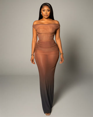 DELMA Mesh Ruched Off-Shoulder Maxi Dress