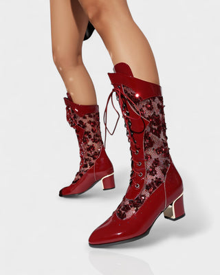 AROLA Lace-Up Embroidered Mid-Calf Boots