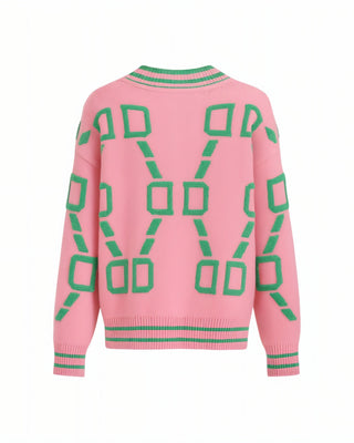 ALYA Geometric Jacquard Button-Up Knit Cardigan