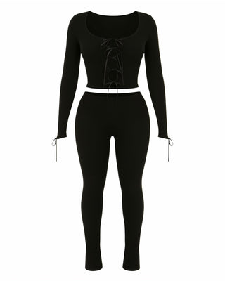 HYACINTH Lace-Up Front Fitted Top & Leggings Set