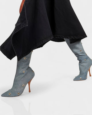 KIVARA Stiletto Heel Fold-Over Rivet Knee-High Boots