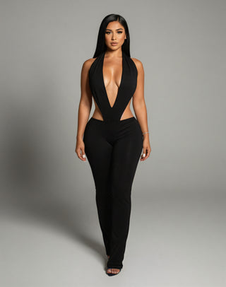 ELONA Deep Plunge Halter Flare Jumpsuit