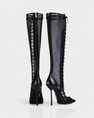 ESCAS Lace-Up Mesh Knee-High Stiletto Boots
