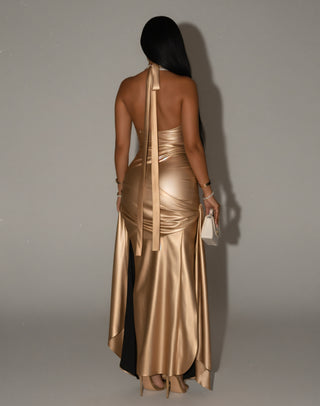 ARAYA Metallic Ruched High-Slit Maxi Dress