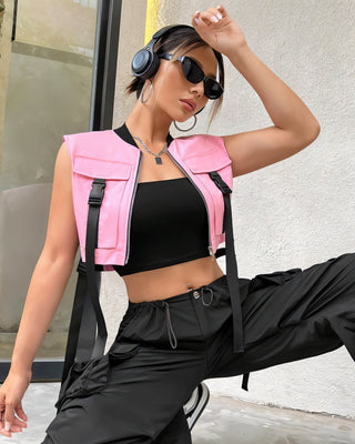 CANDICE Cropped Flap Pocket Buckle Detail Vest