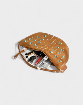 MADIE Turquoise Embellished Brown Suede Hobo Bag