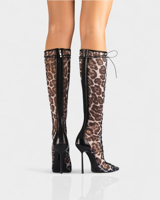 ESCAS Lace-Up Mesh Knee-High Stiletto Boots
