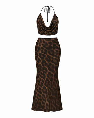 EURY Leopard Print Cowl Top and Maxi Skirt Set