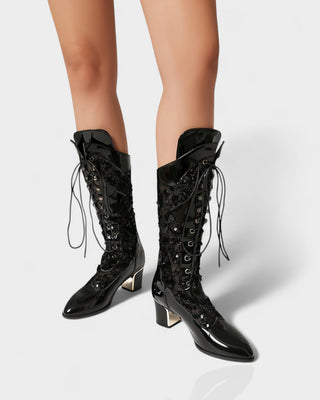 AROLA Lace-Up Embroidered Mid-Calf Boots