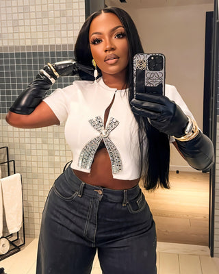 CARLY Rhinestone Bow Cropped Top