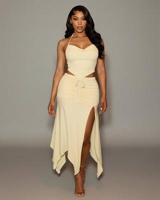 JESS Halter Crop Top & Ruched Midi Skirt Set
