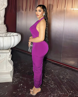 ESTELA Ruched Plunge Halter Midi Dress