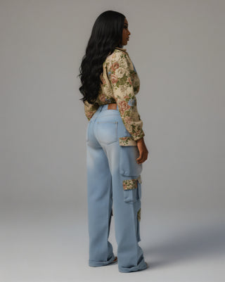 SHENA Floral Cropped Jacket & Cargo Jean Set