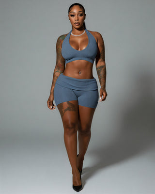 ZEIRA Ribbed Halter Crop Top & High-Waisted Shorts Set