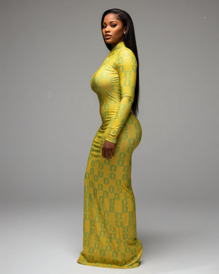 VIAN Geometric Print Long-Sleeved Maxi Dress