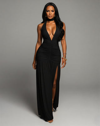 SORAYA Backless Halter Plunge Maxi Dress