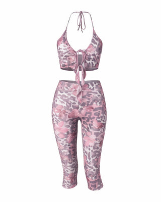 CHESKA Floral & Leopard Print Top & Capri Pant Set