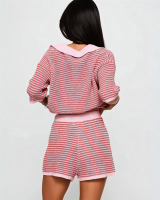 OLENNA Striped Knit Oversized Top &  Drawstring Short Set