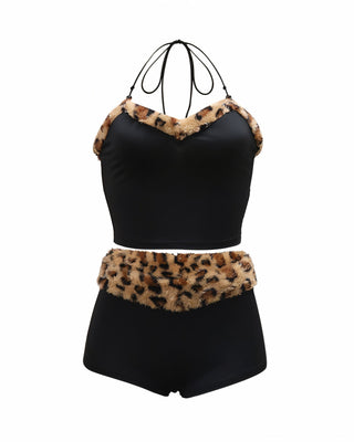 JENNY Leopard Fur Trim Top & Shorts Set