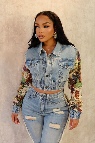 SHAY Denim Tapestry Cropped Jacket & Pant Set