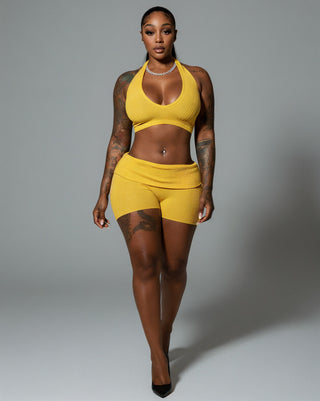 ZEIRA Ribbed Halter Crop Top & High-Waisted Shorts Set