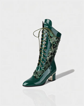 AROLA Lace-Up Embroidered Mid-Calf Boots