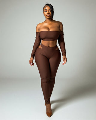 ELOWEN Off-shoulder Long Sleeve Top & Cutout Pants Set