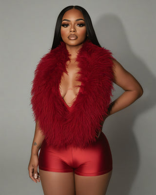 LANNY Deep V Neck Faux Feather Satin Romper