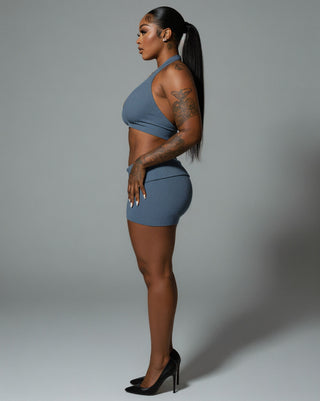 ZEIRA Ribbed Halter Crop Top & High-Waisted Shorts Set