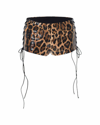 SUZY Sequin Leopard Lace-Up Mini Shorts