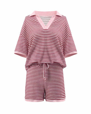 OLENNA Striped Knit Oversized Top &  Drawstring Short Set