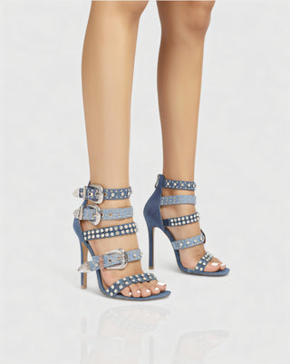 SHERAH Open Toe & Rhinestone Embellished Stiletto Heels