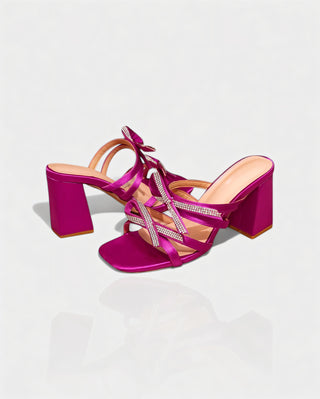 MICHIKO Strappy Rhinestone Bow Block Heel Sandals