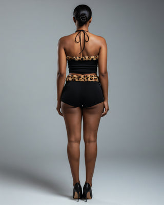 JENNY Leopard Fur Trim Top & Shorts Set