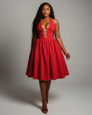 TALORA Embellished Bow Halter Midi Dress