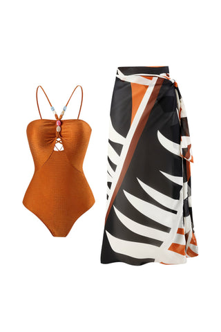 LOTTIE Beaded One-Piece Swimsuit & Tie Maxi Skirt Set