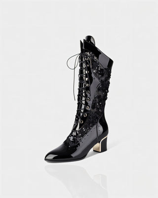 AROLA Lace-Up Embroidered Mid-Calf Boots