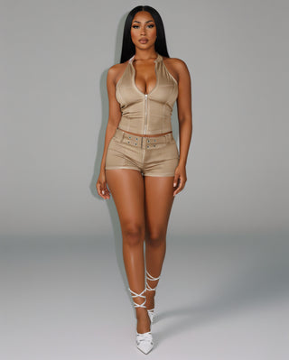 CLARISSA Denim Zip Up Top & Shorts Set