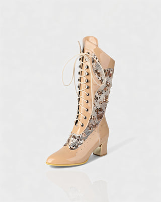AROLA Lace-Up Embroidered Mid-Calf Boots