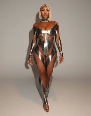 SHAYA Mesh & Metallic Cutout Jumpsuit